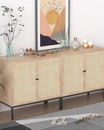 XIAO WEI Sideboard with Handmade Natural Rattan Woven Doors, Rattan Cabinet Console Table Storage Cabinet Buffet Cabinet, for Kitchen, Living Room, Hallway, Entryway-2 Pieces(Natural) - LeafyLoom