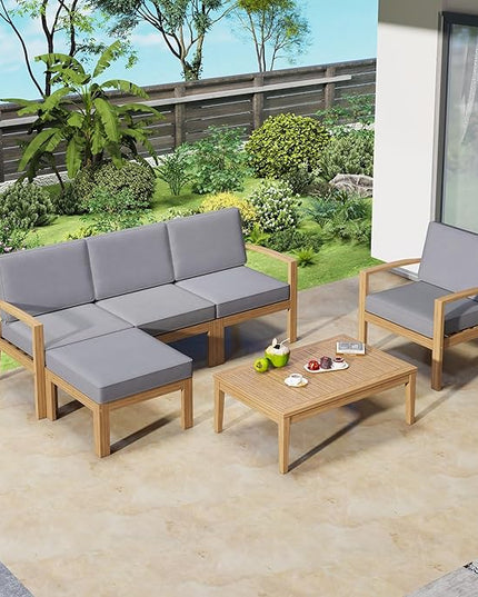 4 Piece Acacia Wood Patio Furniture L-Shaped Outdoor Sectional Sofa Coffee Table, FSC Certified Conversation Set w/Beige Cushions for Garden Backyard - LeafyLoom