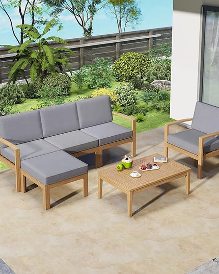 Merax 6 Pieces Sectional Sofa Solid Acacia Wood Frame Outdoor Conversation Furniture Sets with Coffee Table and Removable Cushion for Garden Backyard Patio and Poolside, Grey - LeafyLoom
