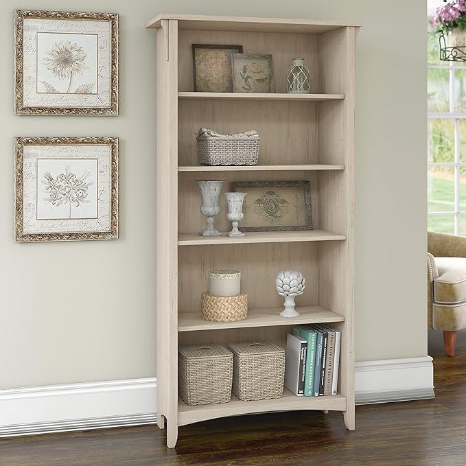 Bush Furniture Salinas Tall 5 Shelf Bookcase in Antique White - LeafyLoom