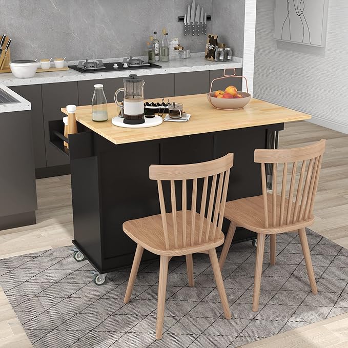 53" W Mobile Kitchen Island with Drop Leaf, Locking Wheels, Solid Wood Tabletop & Storage Cabinet and 3 Drawers, for Dining Room, Coffee Bar Service - LeafyLoom