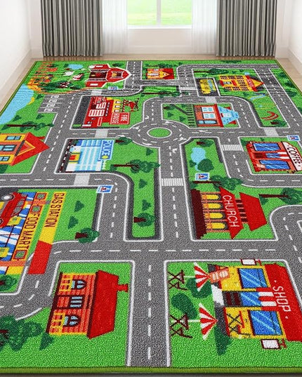 Kids Carpet Playmat Rug 118"x78.7", Car Rug for Kids Cars, Non-Slip Town City Road Map Kids Rug for Playroom Bedroom Boys, Kids Car Mat Road Rug, Track Rug Car Play Rug for Kids (118X78.7 INCH) - LeafyLoom