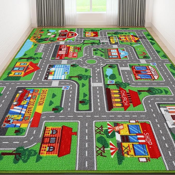 Kids Carpet Playmat Rug 118"x78.7", Car Rug for Kids Cars, Non-Slip Town City Road Map Kids Rug for Playroom Bedroom Boys, Kids Car Mat Road Rug, Track Rug Car Play Rug for Kids (118X78.7 INCH) - LeafyLoom