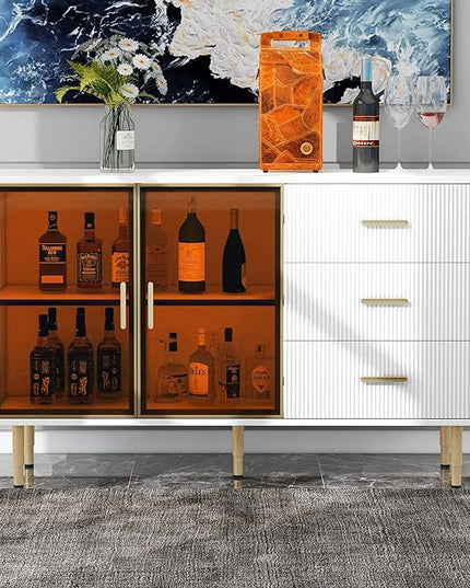 Modern Sideboard MDF with Marble Sticker Tabletop and Amber-Yellow Tempered Glass Doors,Freestanding Buffet Storage Cabinet,W/Gold Metal Legs & Handles,for Dining Room,Kitchen,White, 60" - LeafyLoom