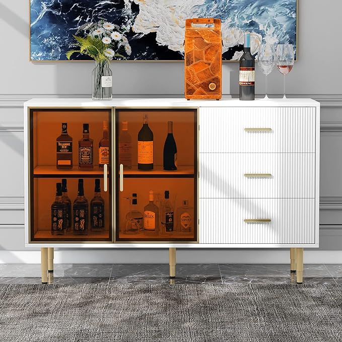 Modern Sideboard MDF with Marble Sticker Tabletop and Amber-Yellow Tempered Glass Doors,Freestanding Buffet Storage Cabinet,W/Gold Metal Legs & Handles,for Dining Room,Kitchen,White, 60" - LeafyLoom