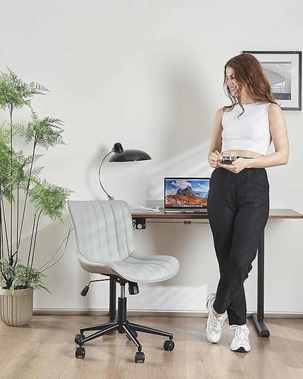 YOUNIKE Armless Office Chair with Wheels Swivel Rolling Computer Chair, Upholstered Leather Desk Chair, Modern Adjustable Rolling Task Chair, Grey - LeafyLoom
