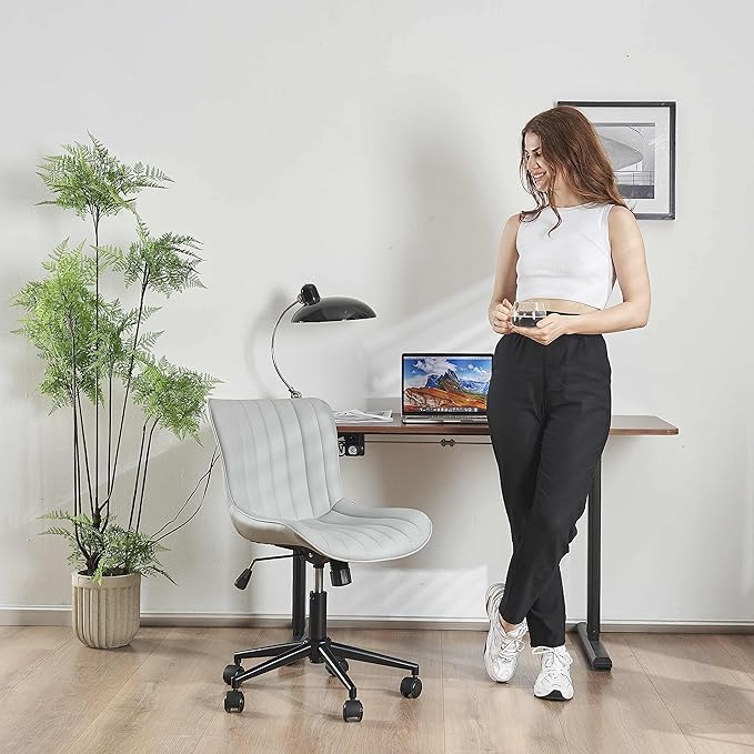 YOUNIKE Armless Office Chair with Wheels Swivel Rolling Computer Chair, Upholstered Leather Desk Chair, Modern Adjustable Rolling Task Chair, Grey - LeafyLoom