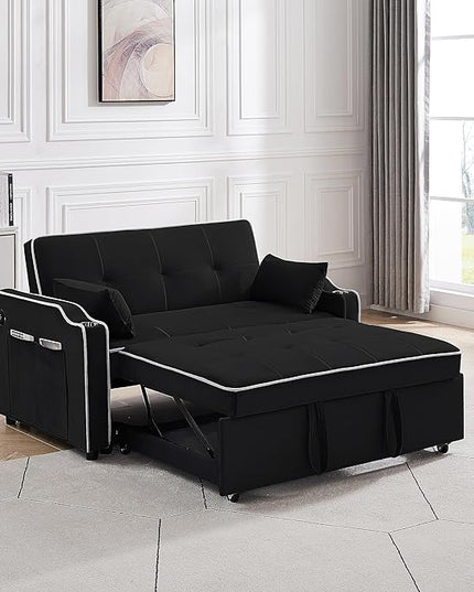 3-in-1 Velvet Upholstered Sofabed Tufted Futon Loveseat Sofa Convertible Sleeper Couch Bed with Cupholders and USB Charging Ports,Modern 2-Seaters Love Seat Daybed for Living Room, 55.2", Black1 - LeafyLoom