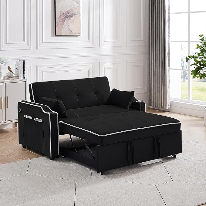 3-in-1 Velvet Upholstered Sofabed Tufted Futon Loveseat Sofa Convertible Sleeper Couch Bed with Cupholders and USB Charging Ports,Modern 2-Seaters Love Seat Daybed for Living Room, 55.2", Black1 - LeafyLoom