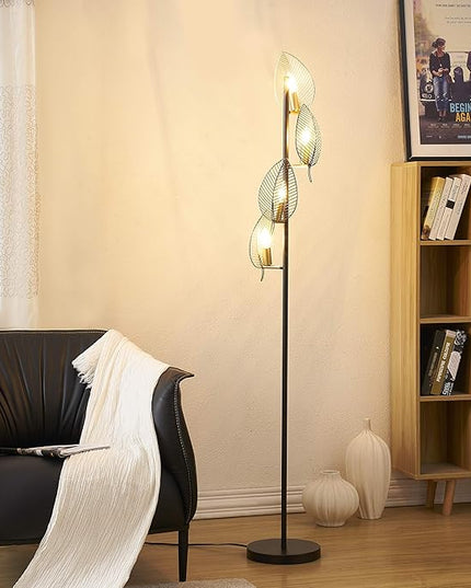 WOXXX Industrial Black Floor Lamp with 4 Brush Gold Finish Leaf Shade, Modern Tree Floor Lamps for Living Room Bedrooms Reading Standing Lamp Living Room Lamps Farmhouse Tall Lamp (4 Bulbs Included) - LeafyLoom