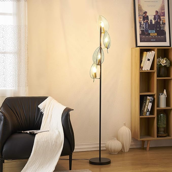 WOXXX Industrial Black Floor Lamp with 4 Brush Gold Finish Leaf Shade, Modern Tree Floor Lamps for Living Room Bedrooms Reading Standing Lamp Living Room Lamps Farmhouse Tall Lamp (4 Bulbs Included) - LeafyLoom
