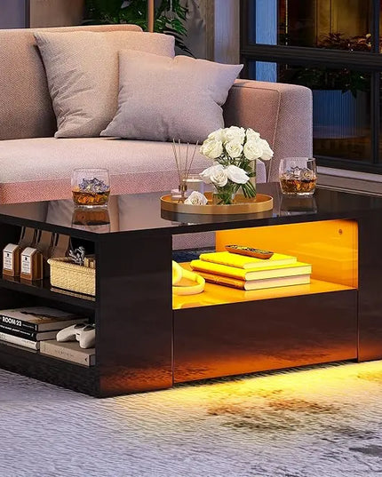 YITAHOME Modern Coffee Tables for Living Room, High Gloss LED Coffee Table, Storage Coffee Table, Small Coffee Table, Wood Center Table with 2 Sliding Drawers and Open Side Shelf,Black - LeafyLoom