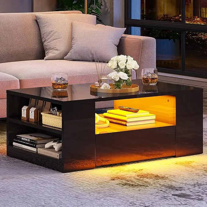 YITAHOME Modern Coffee Tables for Living Room, High Gloss LED Coffee Table, Storage Coffee Table, Small Coffee Table, Wood Center Table with 2 Sliding Drawers and Open Side Shelf,Black - LeafyLoom