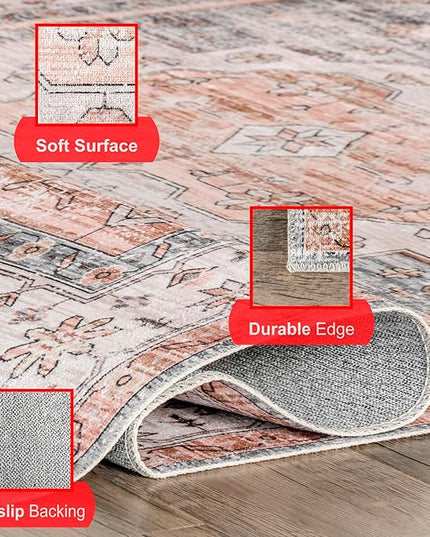 nuLOOM 5x8 Machine Washable Rain Haven Vintage Medallion Area Rug, Light Orange, Traditional Faded Design, Non-Slip Backing, Stain Resistant, For Bedroom, Dining Room, Living Room, Kitchen - LeafyLoom