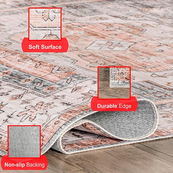 nuLOOM 5x8 Machine Washable Rain Haven Vintage Medallion Area Rug, Light Orange, Traditional Faded Design, Non-Slip Backing, Stain Resistant, For Bedroom, Dining Room, Living Room, Kitchen - LeafyLoom