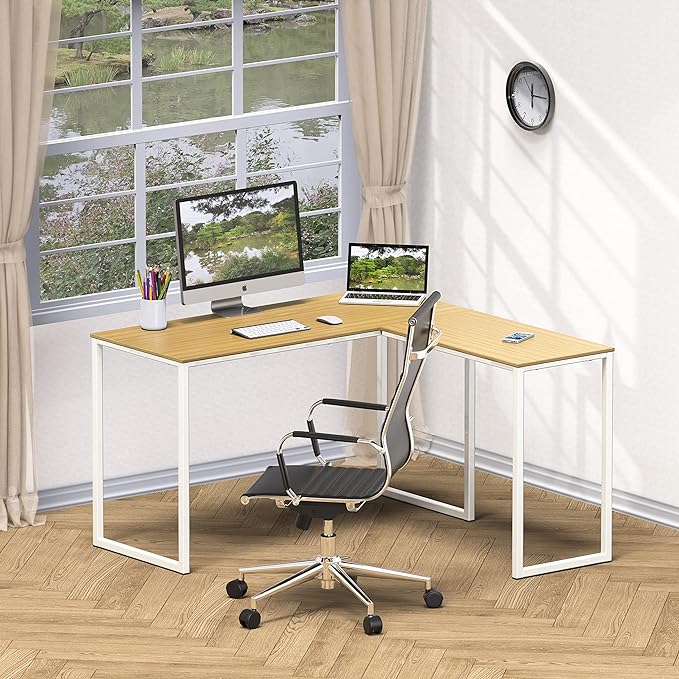 SHW 48-Inch Mission L-Shaped Home Computer Desk, Oak - LeafyLoom