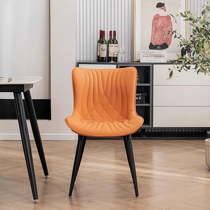 YOUTASTE Camel Dining Chairs Set of 2 Upholstered Mid Century Modern Kitchen Dining Room Chairs Armless Faux Leather Accent Chairs Metal Vanity Lounge Chair with Back for Living Room Bedrooms - LeafyLoom