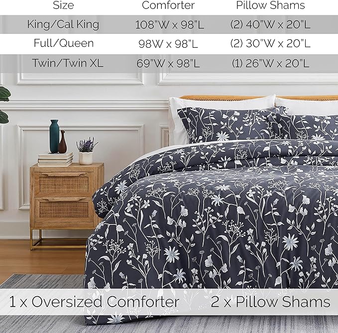 Southshore Fine Living, Inc. 3-Piece Full/Queen Comforter Set, Down Alternative All-Season Floral Comforter with Matching Shams, Soft Microfiber Bedspread, Full or Queen Bed, Secret Meadow Blue - LeafyLoom