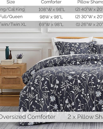 Southshore Fine Living, Inc. 3-Piece Oversized King Comforter Set, Down Alternative All-Season Comforter with Matching Shams, Soft Floral Bedspread for King or Cal King Beds, Secret Meadow Blue - LeafyLoom