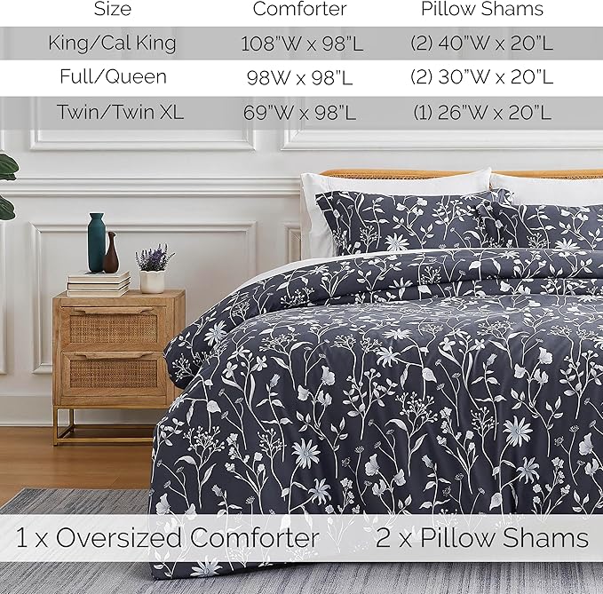 Southshore Fine Living, Inc. 3-Piece Oversized King Comforter Set, Down Alternative All-Season Comforter with Matching Shams, Soft Floral Bedspread for King or Cal King Beds, Secret Meadow Blue - LeafyLoom