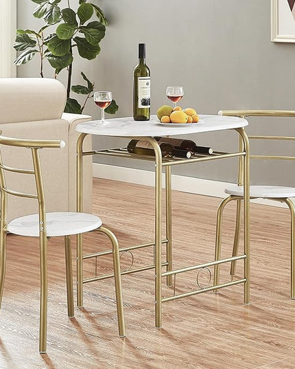 VECELO 3-Piece Dining Table Set for Kitchen Breakfast Nook, Wood Grain Oval Tabletop and Metal Frame with Built-in Wine Rack, for Small Spaces, 31.5", White & Gold - LeafyLoom