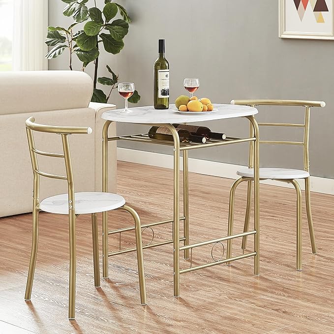 VECELO 3-Piece Dining Table Set for Kitchen Breakfast Nook, Wood Grain Oval Tabletop and Metal Frame with Built-in Wine Rack, for Small Spaces, 31.5", White & Gold - LeafyLoom