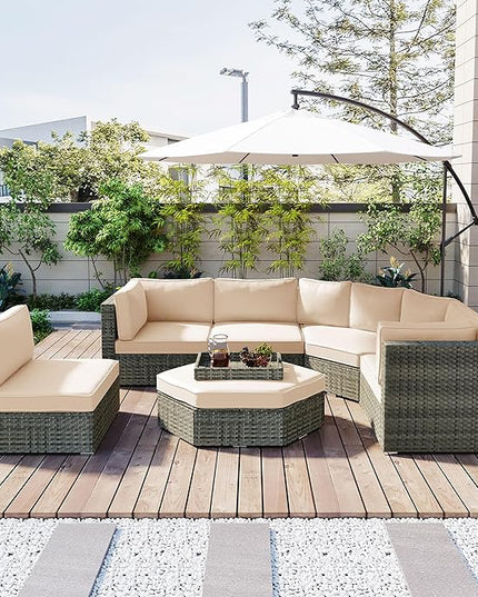 6 Piece Outdoor Patio Furniture Set Conversation Sofa, All Weather Wicker L shaped Sectional Couch with Ottoman, Small Trays and Removable Cushions, for Garden Backyard, Beige - LeafyLoom