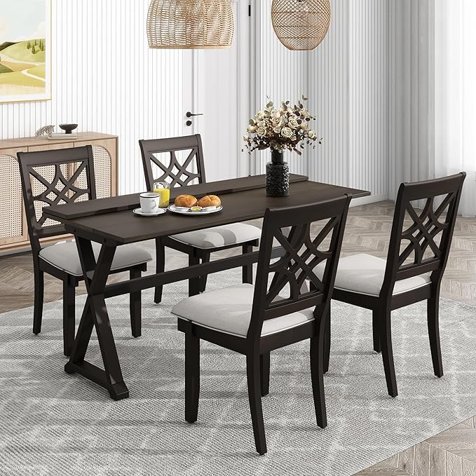 NicBex Small Kitchen Table Set for 4 Dining Room Set 5-Piece Extendable Rubber Wood Dining Table Set with X-Shape Legs for Small Space, Apartment, Studio, Walnut - LeafyLoom