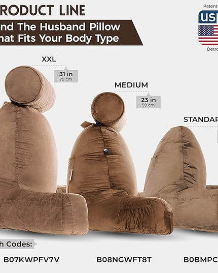 Husband Pillow XXL Aspen Edition, Adult Reading Sit Up Bed Rest Pillow for Bed with Arms & Neck Roll on Bungee Cord - Premium Memory Foam - Reversible 2 Sided Cover Micro Suede or Plush, Saddle Brown - LeafyLoom