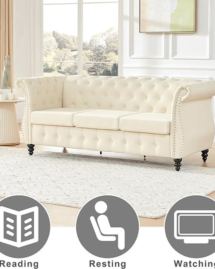 Tbfit Chesterfield Sofa with Rolled Arms, Classic Button Tufted 3 Seater Couch with Nailhead Trim, Upholstered Chesterfield Couches with Gourd Wooden Legs, Linen Sofas for Living Room, Bedroom, Beige - LeafyLoom