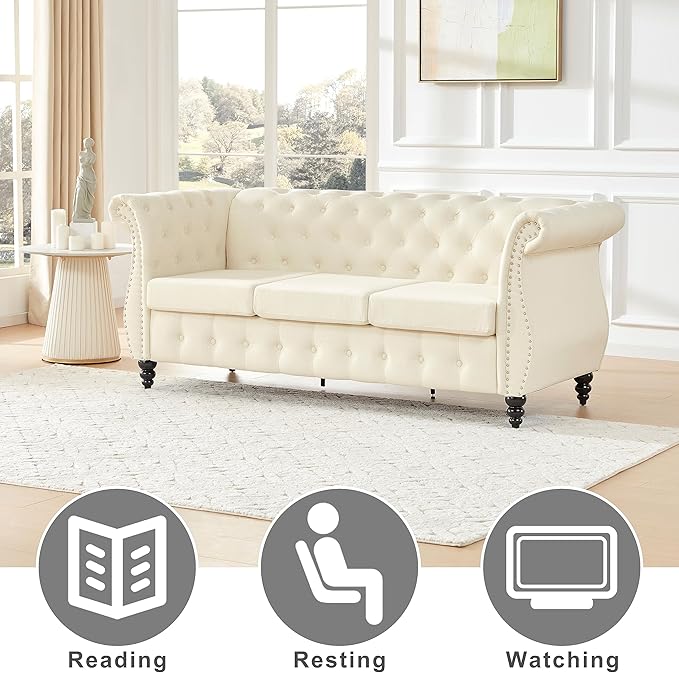 Tbfit Chesterfield Sofa with Rolled Arms, Classic Button Tufted 3 Seater Couch with Nailhead Trim, Upholstered Chesterfield Couches with Gourd Wooden Legs, Linen Sofas for Living Room, Bedroom, Beige - LeafyLoom