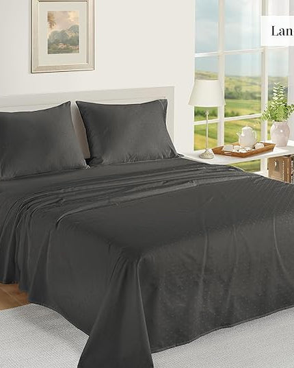 LANE LINEN 100% Egyptian Cotton Bed Sheets - 1000 Thread Count 4PC Queen Sheets Set, Long Staple Cotton Bedding Sheets, Sateen Weave, Luxury Hotel Sheets, Deep Pocket, Swiss Dot - Charcoal - LeafyLoom