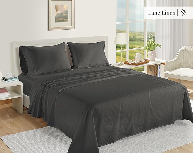 LANE LINEN 100% Egyptian Cotton Bed Sheets - 1000 Thread Count 4PC Queen Sheets Set, Long Staple Cotton Bedding Sheets, Sateen Weave, Luxury Hotel Sheets, Deep Pocket, Swiss Dot - Charcoal - LeafyLoom