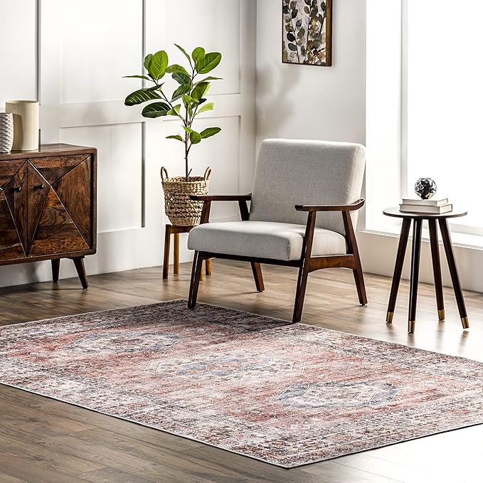 nuLOOM Desna Machine Washable Faded Vintage Ultra Thin Area Rug, 3' x 5', Peach - LeafyLoom