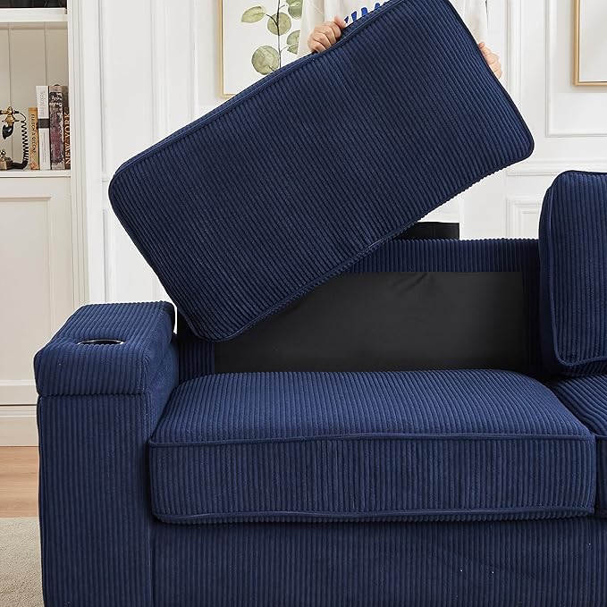 Modern Living Room Upholstered 3 Seater Sofa Couch Deep Seat Soft Corduroy Sofa&Couch with Storage Armrests, 2 Cupholders, Type-C and USB Charging Ports for Home, Apartment, Office - LeafyLoom