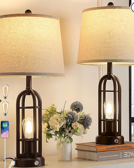 28.2" Table Lamps for Living Room Set of 2, Farmhouse Lamps for Bedroom, 3-Way Dimmable with Dual USB Ports, Touch Bedside Lamps for Nightstand, Bulbs Included - LeafyLoom