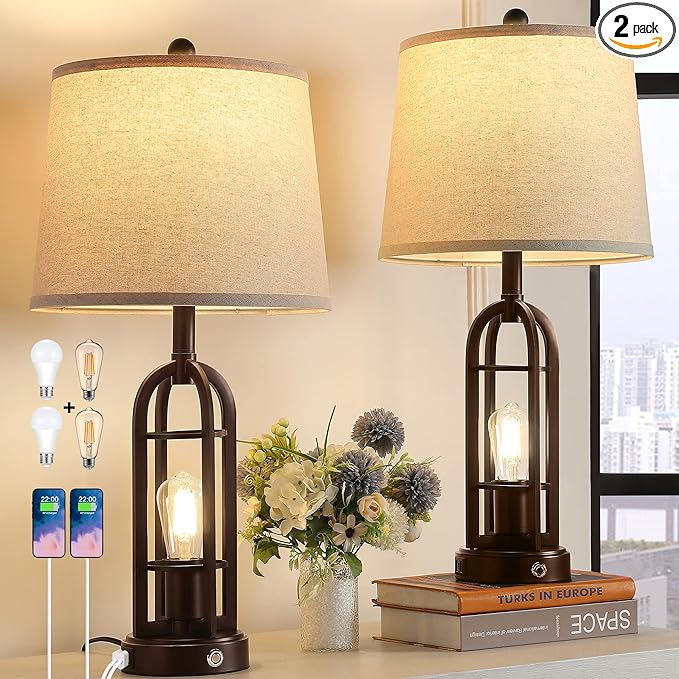 28.2" Table Lamps for Living Room Set of 2, Farmhouse Lamps for Bedroom, 3-Way Dimmable with Dual USB Ports, Touch Bedside Lamps for Nightstand, Bulbs Included - LeafyLoom