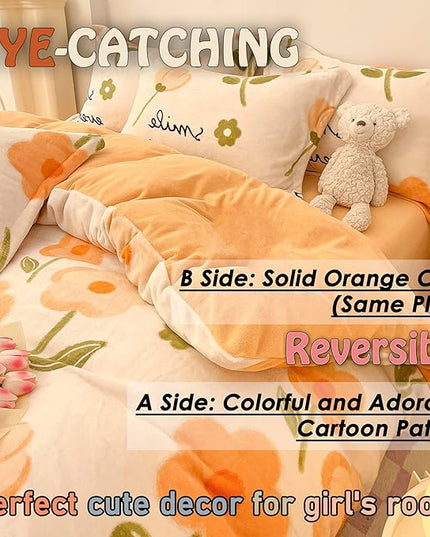 MorroMorn Twin Bedding Sets, Orange Floral Duvet Cover Set, Fluffy Comforter Covers Blanket Ultra Soft Cute Flowers for Girls Kids Toddler Teen Preppy Dorm Twin/Twin XL Size - LeafyLoom