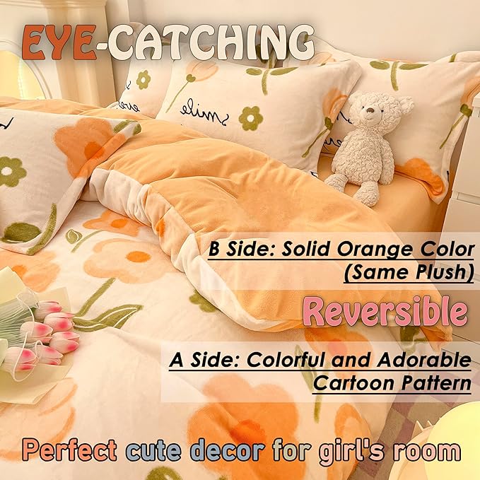 MorroMorn Queen Duvet Cover Orange Flowers, Floral Bedding Sets, Plush Fluffy Comforter Covers Set, Down Alternative Blanket Ultra Soft for Girls Kids Teen Women Full Double Size - LeafyLoom