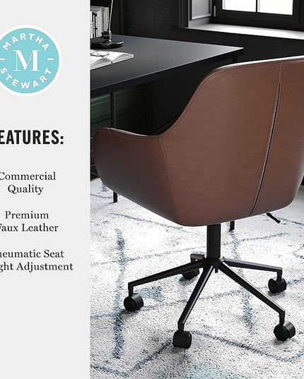 Martha Stewart Rayna Swivel Task Chair with Flared Arms for Home Office in Saddle Brown Faux Leather with Oil Rubbed Bronze Frame - LeafyLoom