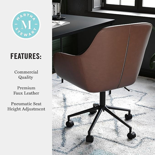 Martha Stewart Rayna Swivel Task Chair with Flared Arms for Home Office in Saddle Brown Faux Leather with Oil Rubbed Bronze Frame - LeafyLoom