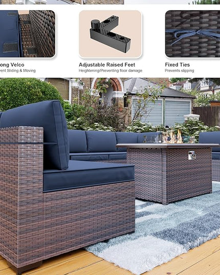 Kullavik 15PCS Outdoor Patio Furniture Set with 43" 55000BTU Gas Propane Fire Pit Table PE Wicker Rattan Sectional Sofa Patio Conversation Sets w/8 Coner Sofas,Dark Blue - LeafyLoom