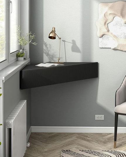 24/7 Shop at Home French 47 inch Modern Floating TV Console Table with 3D Wavy Panel Door, Wood Entertainment Center with Storage Space, Wall Corner Shelf for Living Room, Bedroom, Office, Black Pure - LeafyLoom