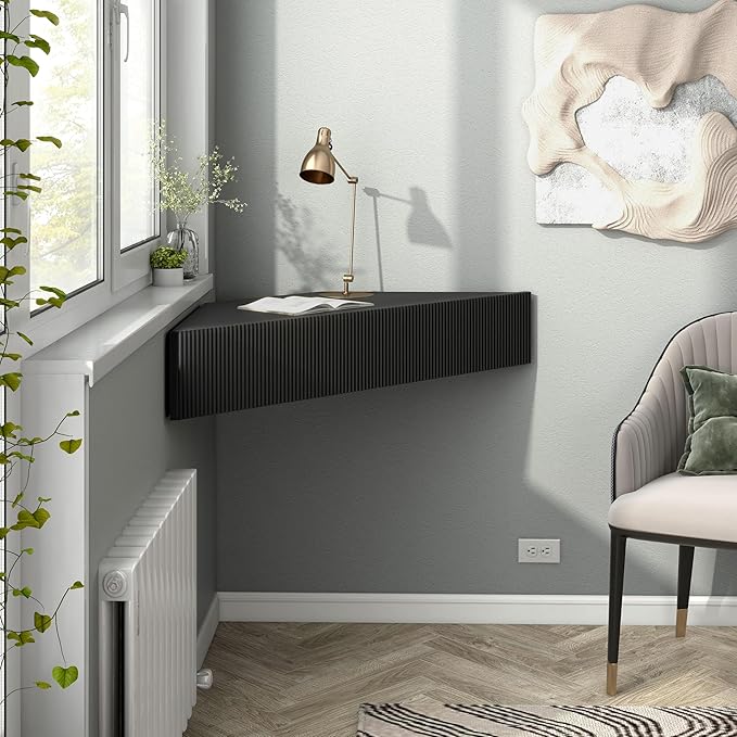 24/7 Shop at Home French 47 inch Modern Floating TV Console Table with 3D Wavy Panel Door, Wood Entertainment Center with Storage Space, Wall Corner Shelf for Living Room, Bedroom, Office, Black Pure - LeafyLoom