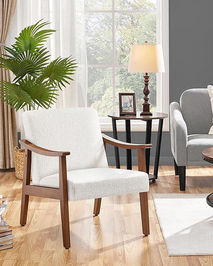 Yaheetech Fabric Accent Chair, Mid-Century Modern Armchair with Solid Wood Legs, Reading Leisure Chair with High Back for Living Room Bedroom Waiting Room,Ivory - LeafyLoom