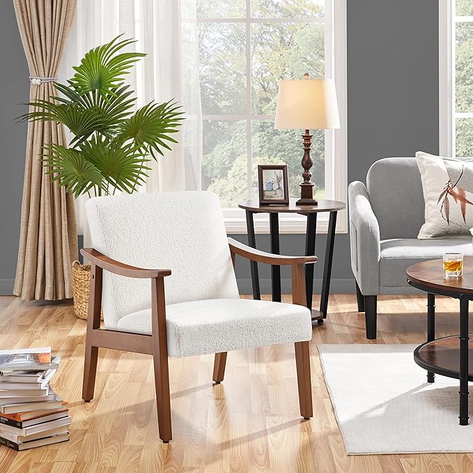 Yaheetech Fabric Accent Chair, Mid-Century Modern Armchair with Solid Wood Legs, Reading Leisure Chair with High Back for Living Room Bedroom Waiting Room,Ivory - LeafyLoom