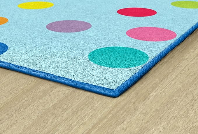 Flagship Carpets Schoolgirl Style Just Teach Rainbow Polka Dots Classroom Area Rug for Indoor Classroom Learning or Kid Bedroom Educational Play Mat, 7'6"x12', Blue - LeafyLoom