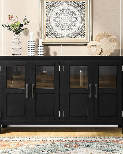 Merax Farmhouse Sideboard Buffet Cabinet with Storage, 4 Door Wood Cupboard w/Adjustable Shelves, Console Table for Kitchen, Dining/Living Room, Black - LeafyLoom