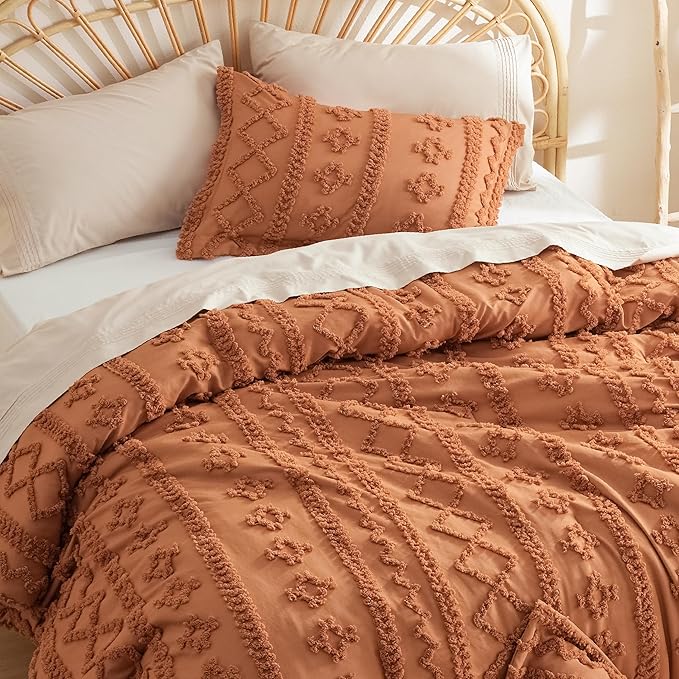 Bedsure Tufted Boho Comforter Set Queen - Pumpkin Boho Bedding Comforter Set, 3 Pieces Farmhouse Shabby Chic Embroidery Bed Set, Soft Jacquard Comforter for Women Men Girls - LeafyLoom