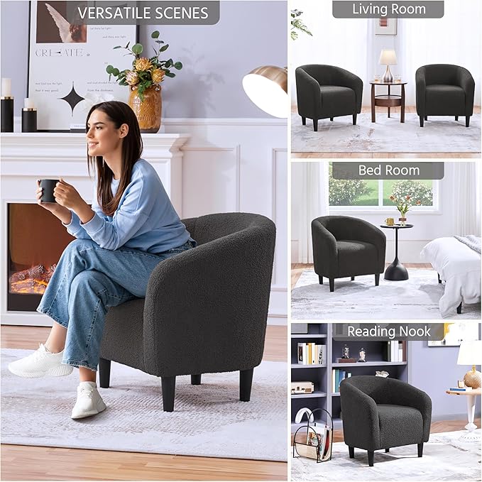Yaheetech Accent Chairs Set of 2, Furry Living Room Chairs, Sherpa Barrel Chairs with Cozy Soft Padded, Boucle Fabric Armchais for Living Room Bedroom Reception Room Office, Dark Gray - LeafyLoom